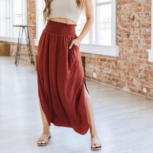 Side Slit Maxi Skirt with Pockets - Rust